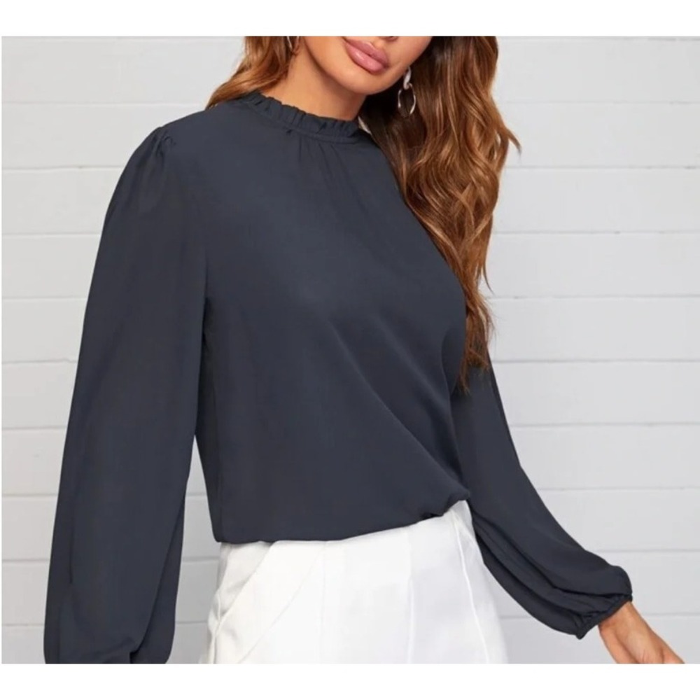 Chiffon Blouse Navy Ruffle Mock Neck Bishop Sleeve Work Modest Minimalist XS‎